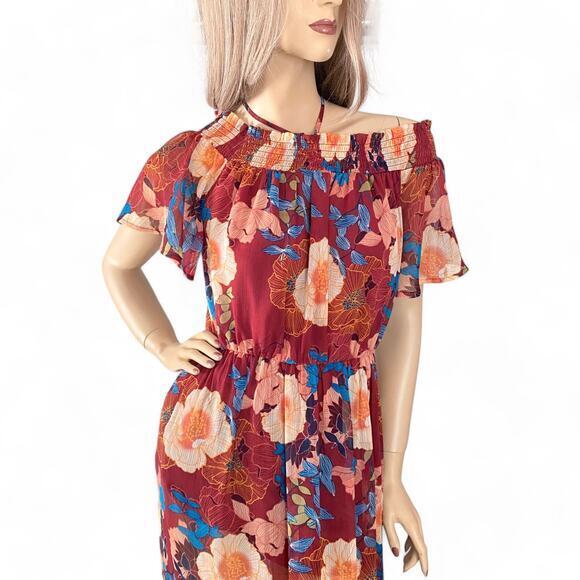 Y2K Fall Floral Maxi Dress S | Off Shoulder Burgundy Boho Cottagecore Prairie - Picture 3 of 9